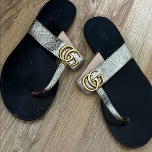 Gucci Gold Metallic Leather Thong Sandals with Double G